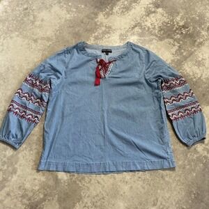 BROOKE SHIELDS Denim Peasant Top with‎ Embroidery Light Indigo Womens Large